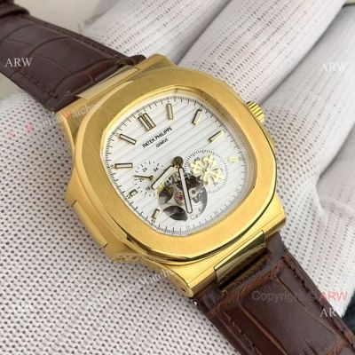 Swiss Grade Replica Watches Patek Philippe Nautilus White Face with Tourbillon Gold Case Watches